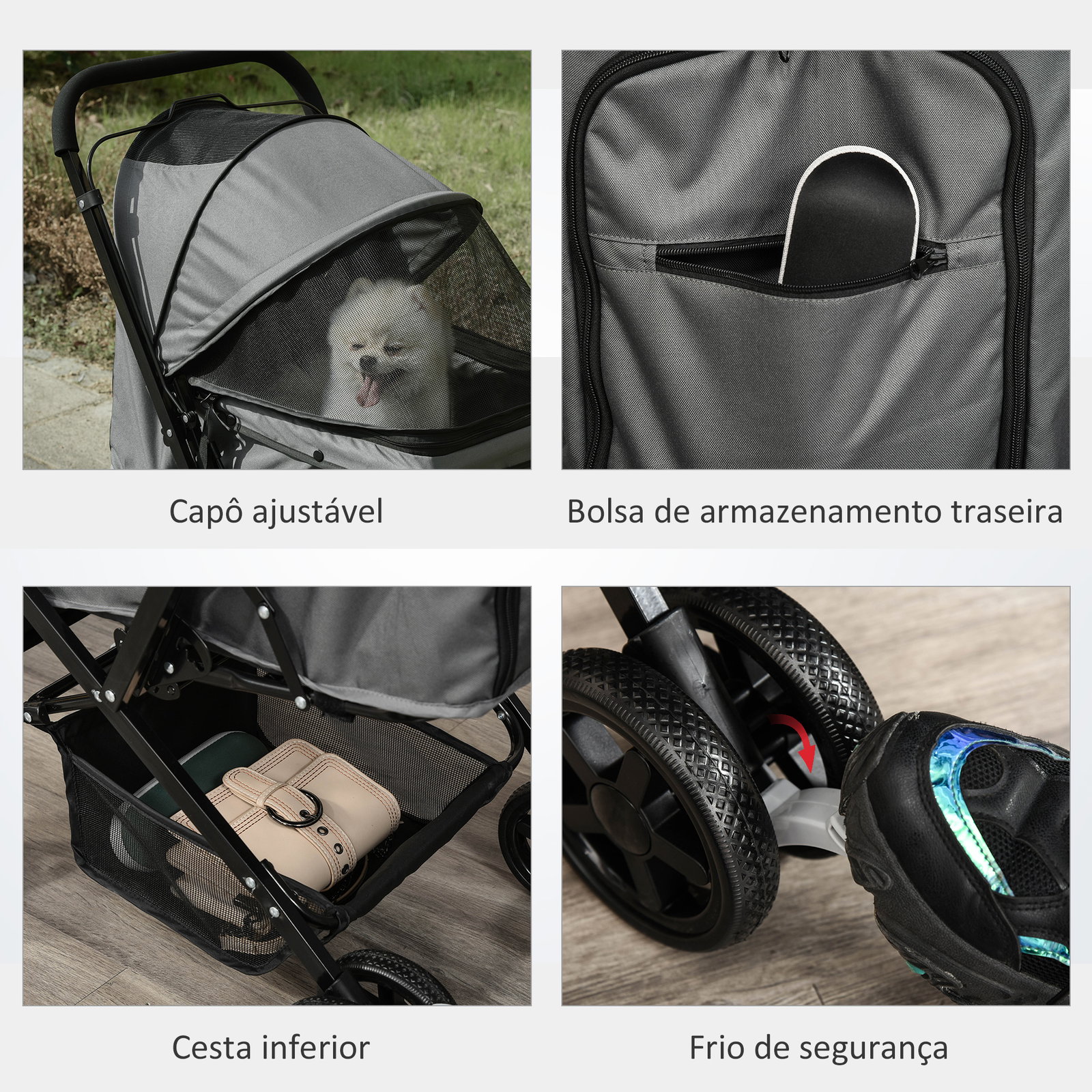 Carrinho para animais de estimação dobrável carro para cães e gatos com capô ajustável cesta de armazenamento cinto de segurança tecido oxford 600d aço 76,5x52x95cm cinza