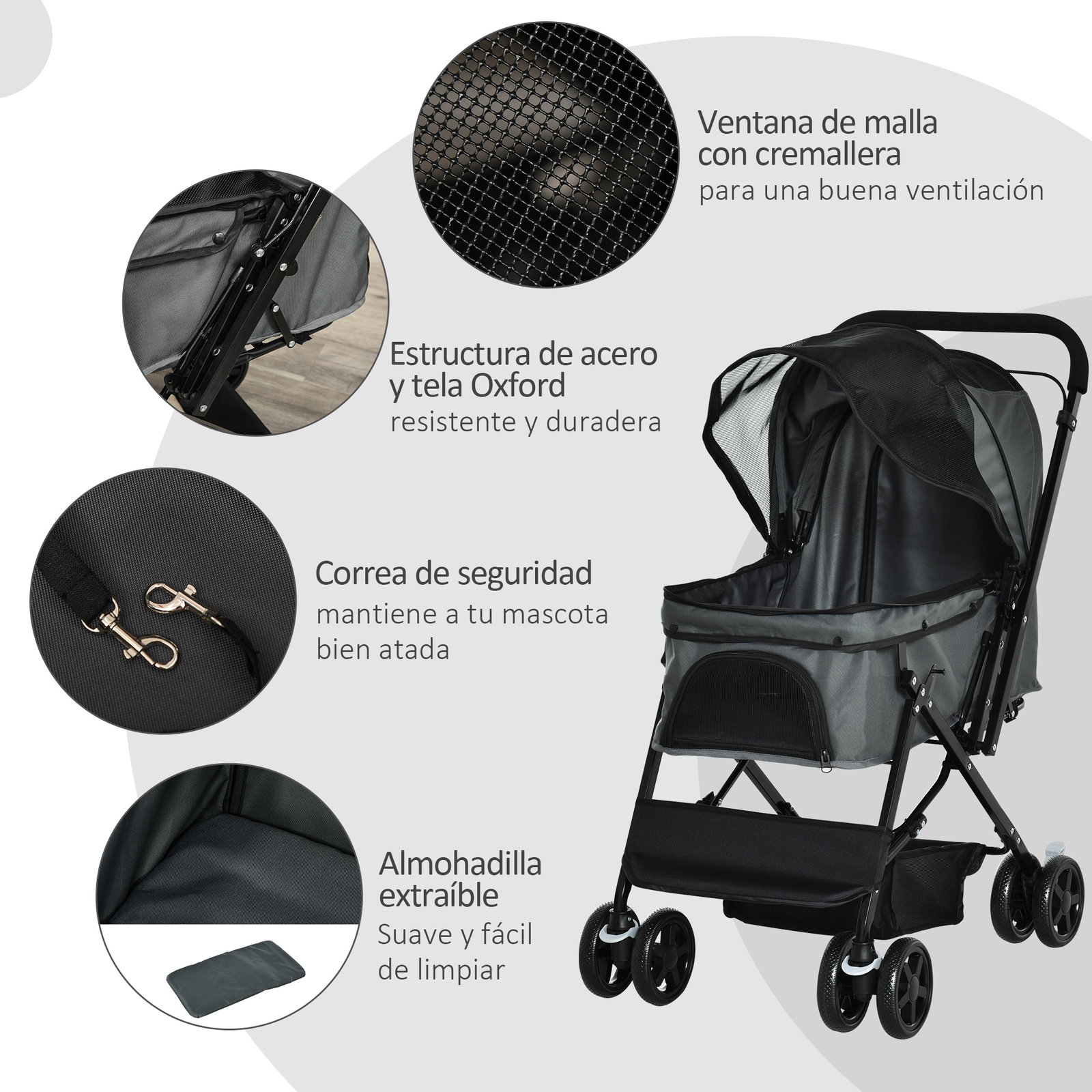 Carrinho para animais de estimação dobrável carro para cães e gatos com capô ajustável cesta de armazenamento cinto de segurança tecido oxford 600d aço 76,5x52x95cm cinza