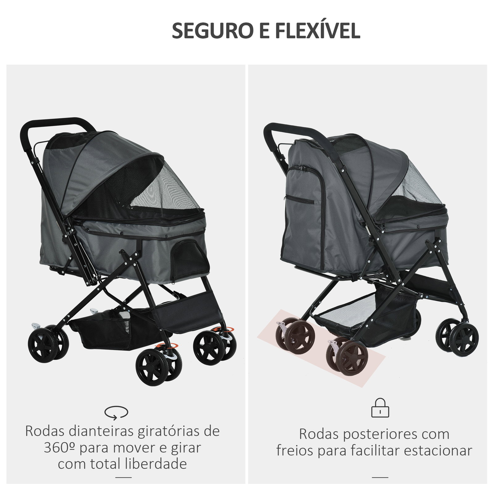 Carrinho para animais de estimação dobrável carro para cães e gatos com capô ajustável cesta de armazenamento cinto de segurança tecido oxford 600d aço 76,5x52x95cm cinza