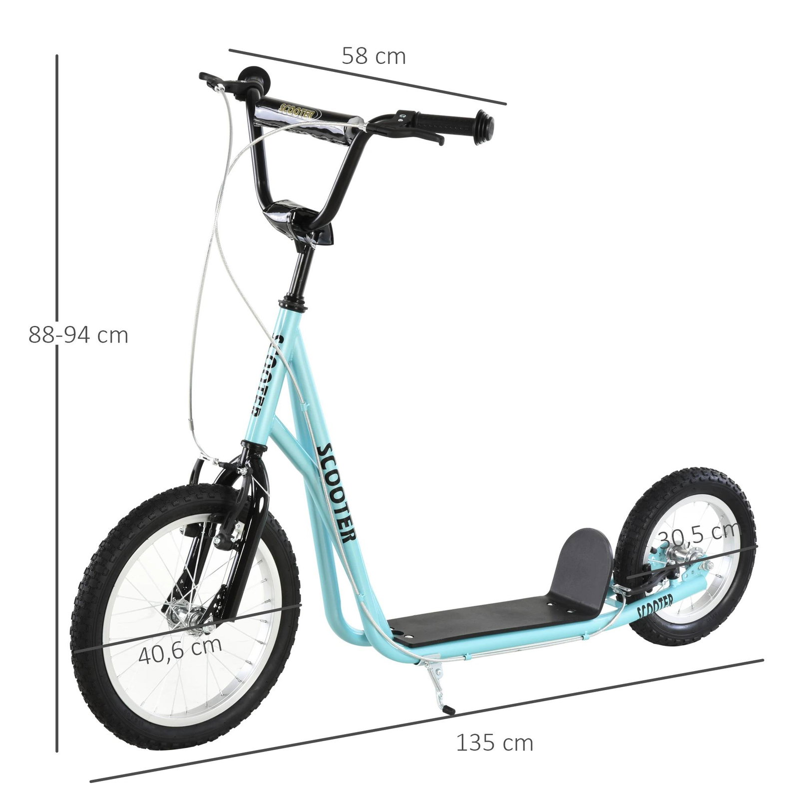 trotinete para crianças acima de 5 anos Guiador ajustável Rodas infláveis 135x58x88-94 cm Azul