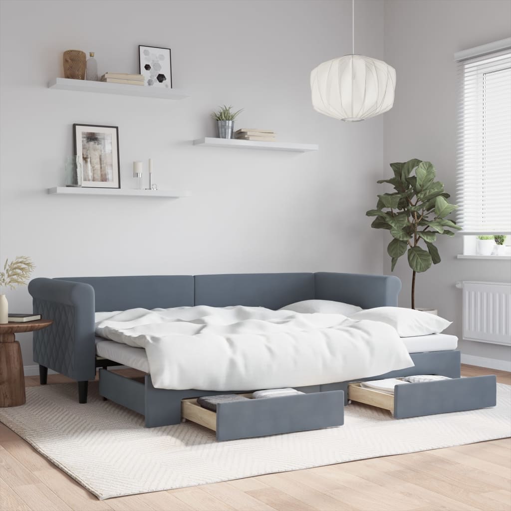 Sofá-cama c/ gavetão e gavetas 80x200 cm veludo cinzento-escuro