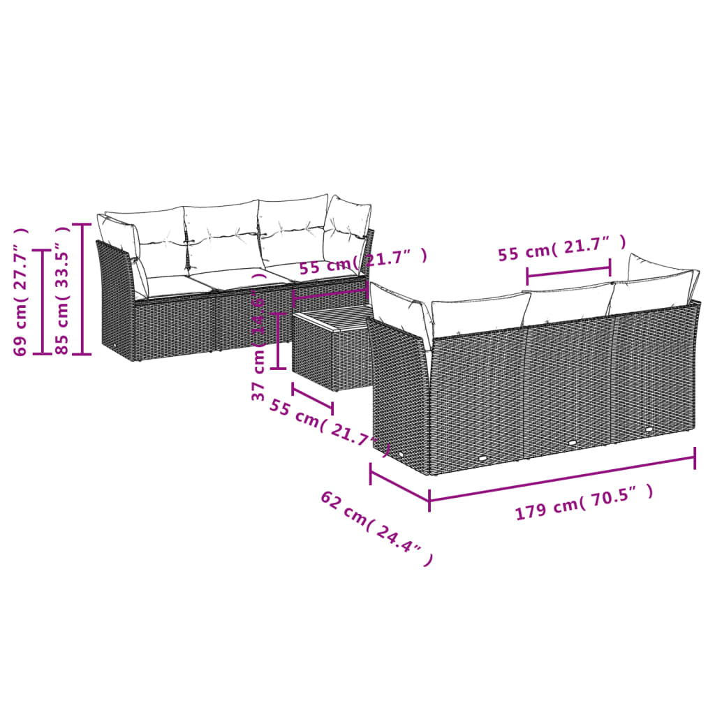 7 Pcs conjunto de sofás p/ jardim c/ almofadões vime PE preto