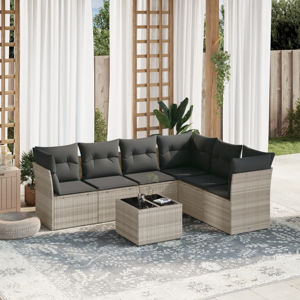 7 Pcs conj. sofás jardim com almofadões vime PE cinzento-claro