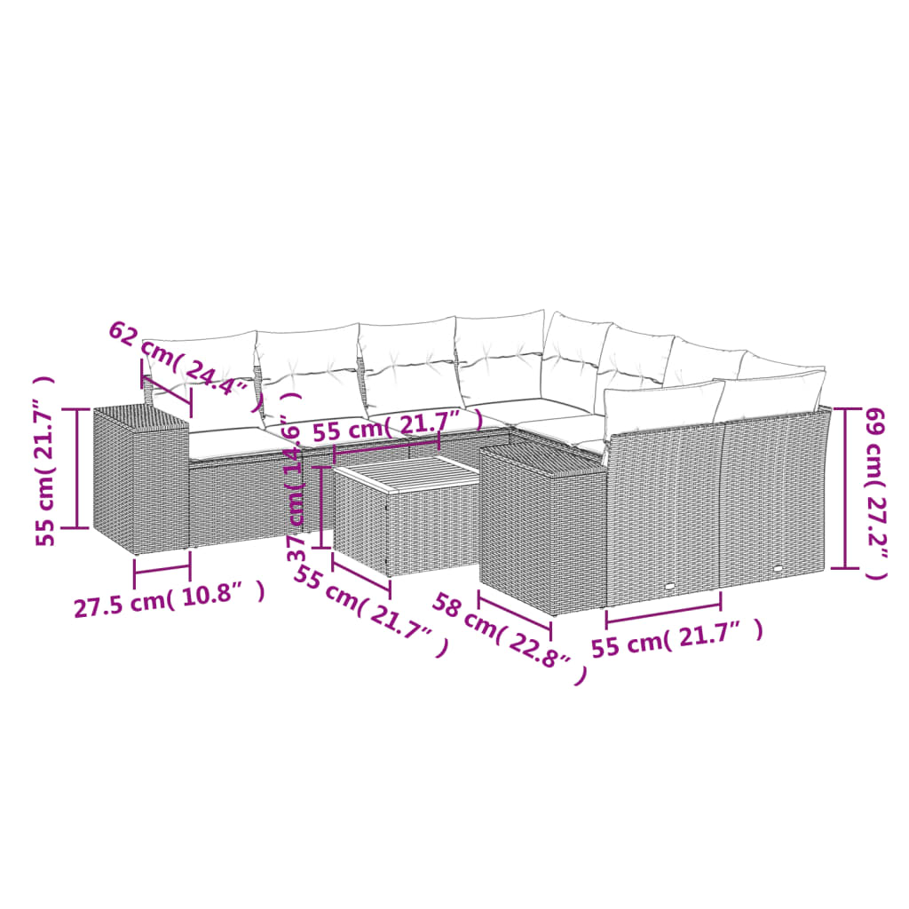 9 Pcs conjunto de sofás p/ jardim c/ almofadões vime PE preto