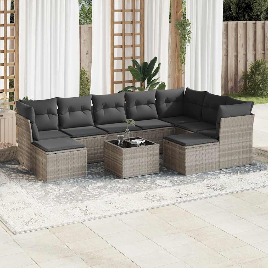 10 Pcs conj. sofás jardim com almofadões vime PE cinzento-claro