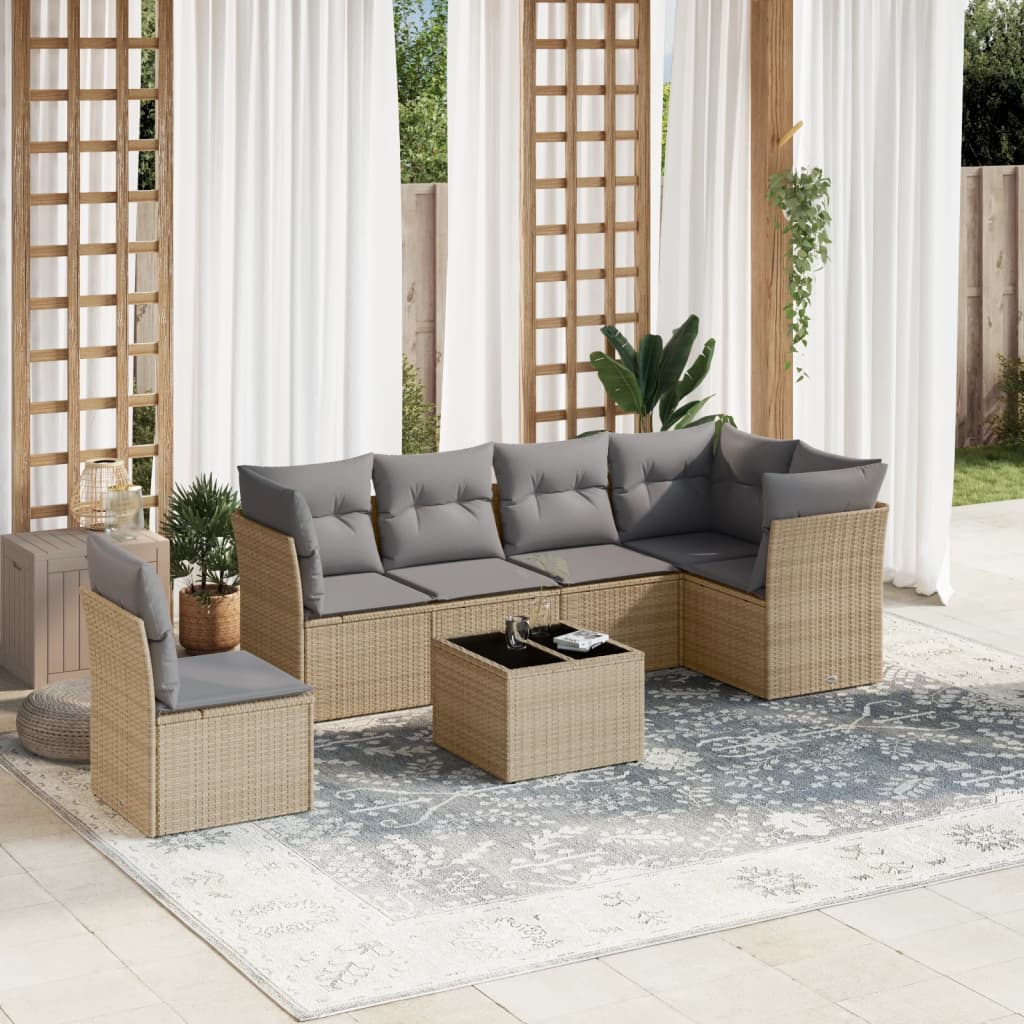 7 Pcs conjunto de sofás p/ jardim com almofadões vime PE bege