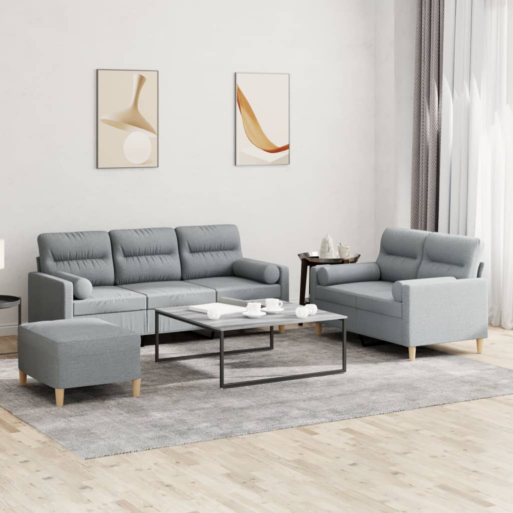 3 Pcs conjunto de sofás com almofadas tecido cinzento-claro