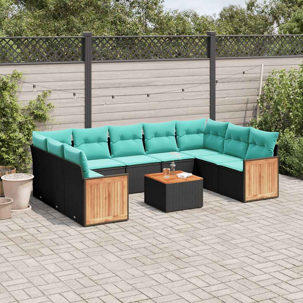 Conjunto de sofá de jardim com 10 peças e almofadas em rattan sintético preto