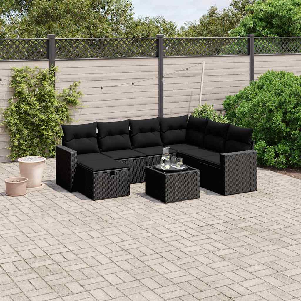 8 Pcs conjunto sofás de jardim com almofadões vime PE preto