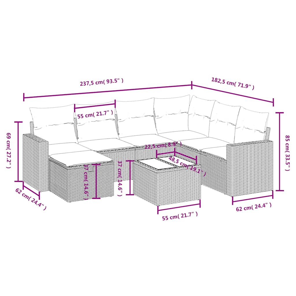 8 Pcs conjunto sofás de jardim com almofadões vime PE preto