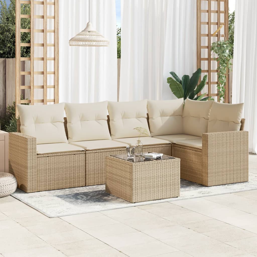 6 Pcs conjunto de sofás p/ jardim com almofadões vime PE bege