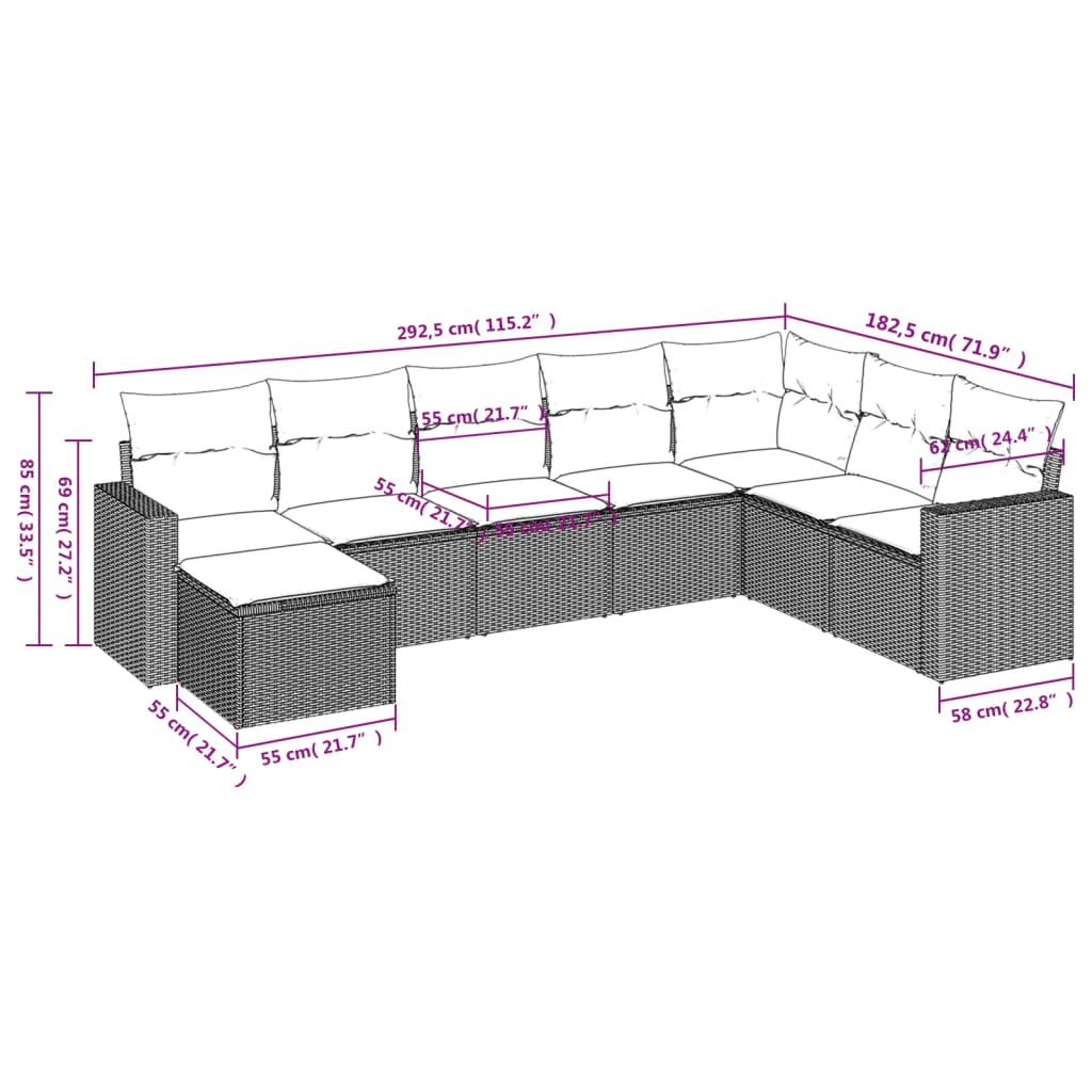 8 Pcs conjunto sofás de jardim com almofadões vime PE preto