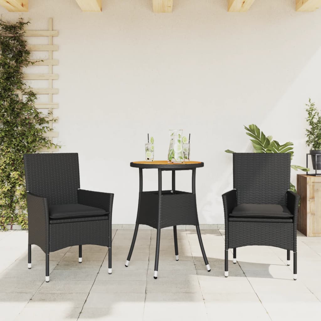 3 Pcs conjunto jantar jardim c/ almofadões vime PE/acácia preto