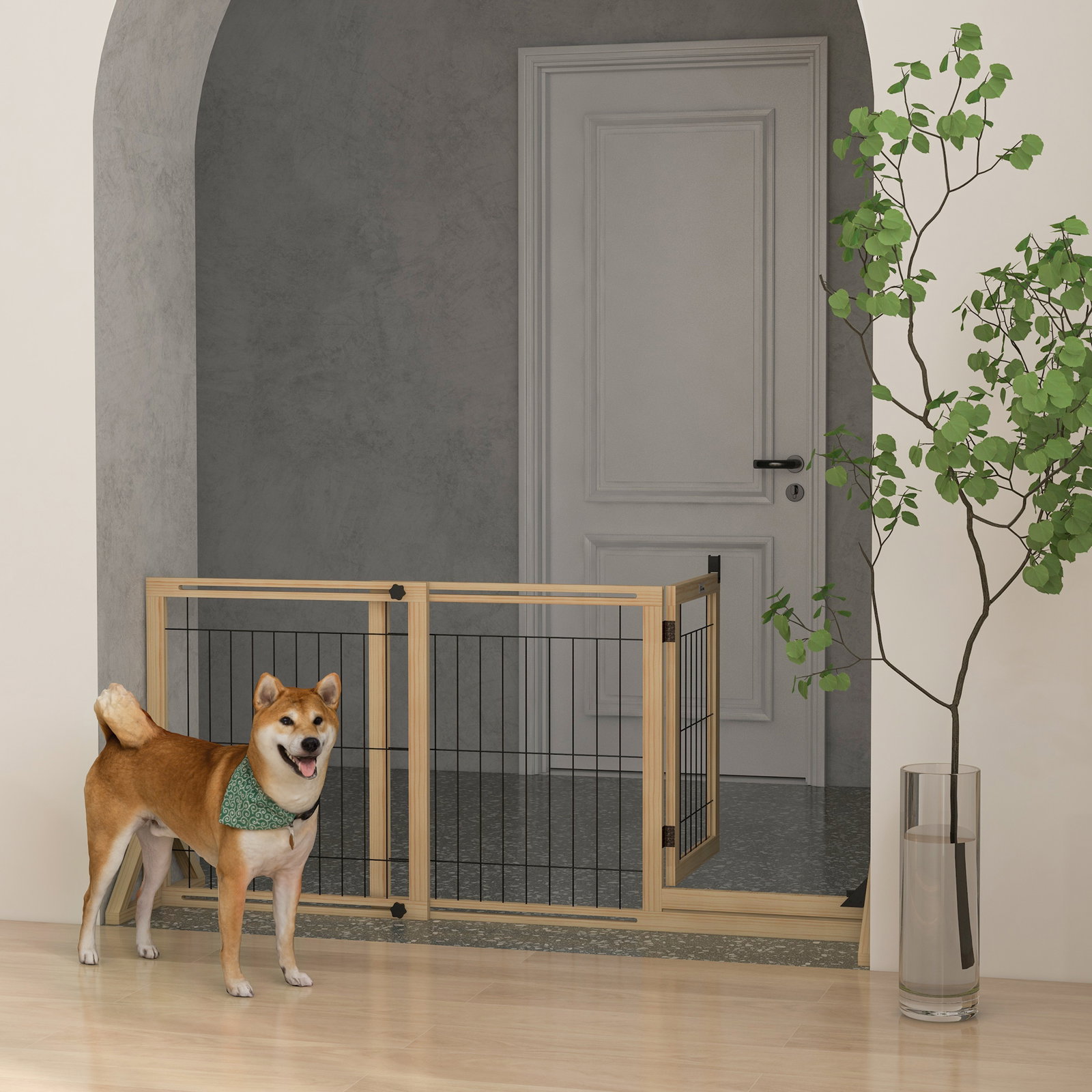 Barreira de segurança para cães extensível de 2 painéis e pés de apoio triangular 112-159x44x70 cm madeira