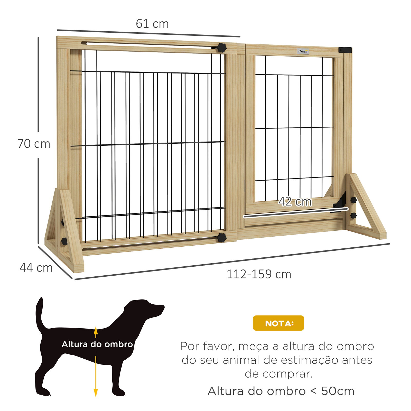 Barreira de segurança para cães extensível de 2 painéis e pés de apoio triangular 112-159x44x70 cm madeira