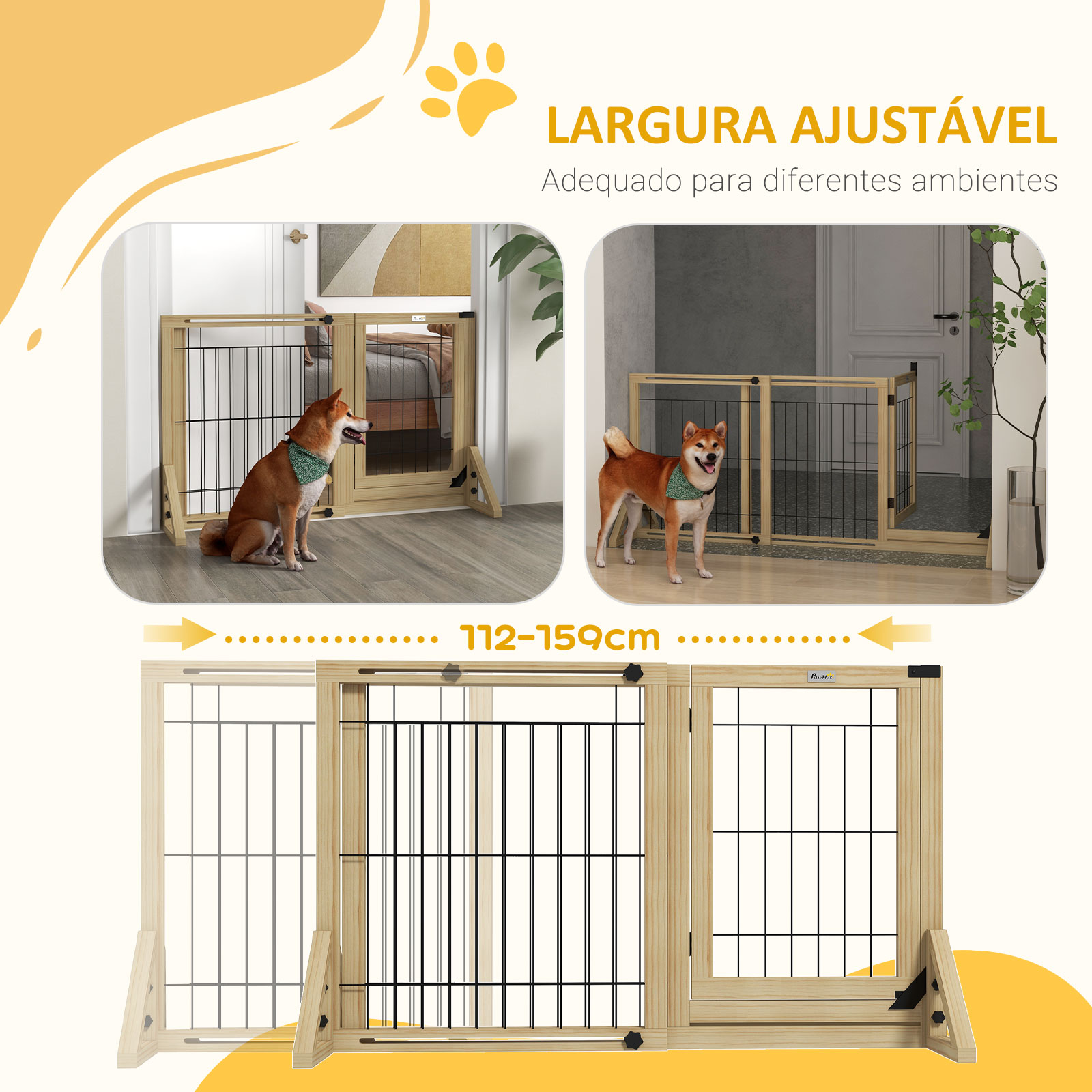Barreira de segurança para cães extensível de 2 painéis e pés de apoio triangular 112-159x44x70 cm madeira