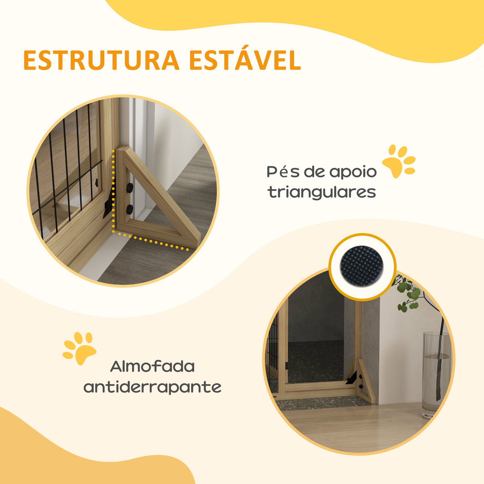 Barreira de segurança para cães extensível de 2 painéis e pés de apoio triangular 112-159x44x70 cm madeira