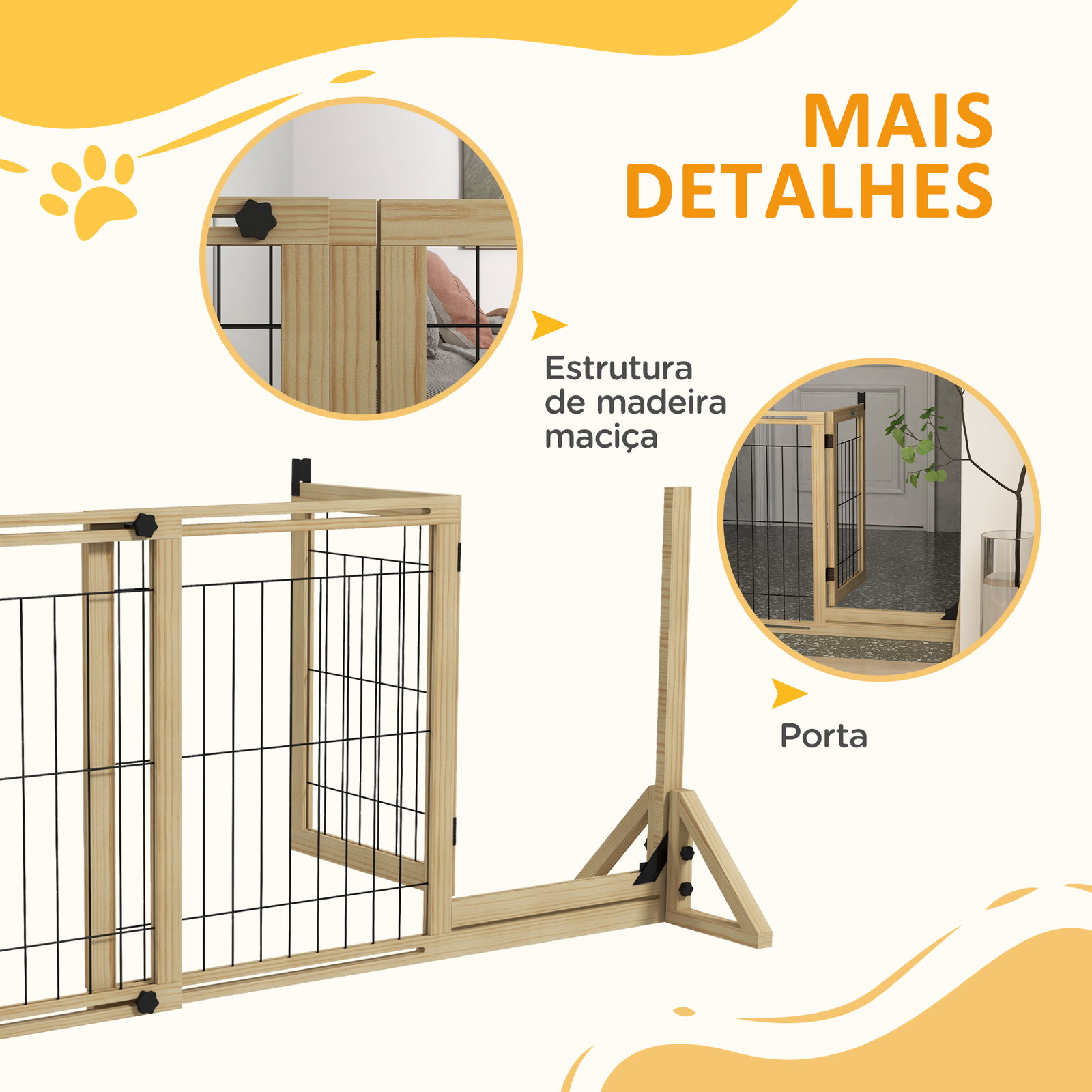 Barreira de segurança para cães extensível de 2 painéis e pés de apoio triangular 112-159x44x70 cm madeira