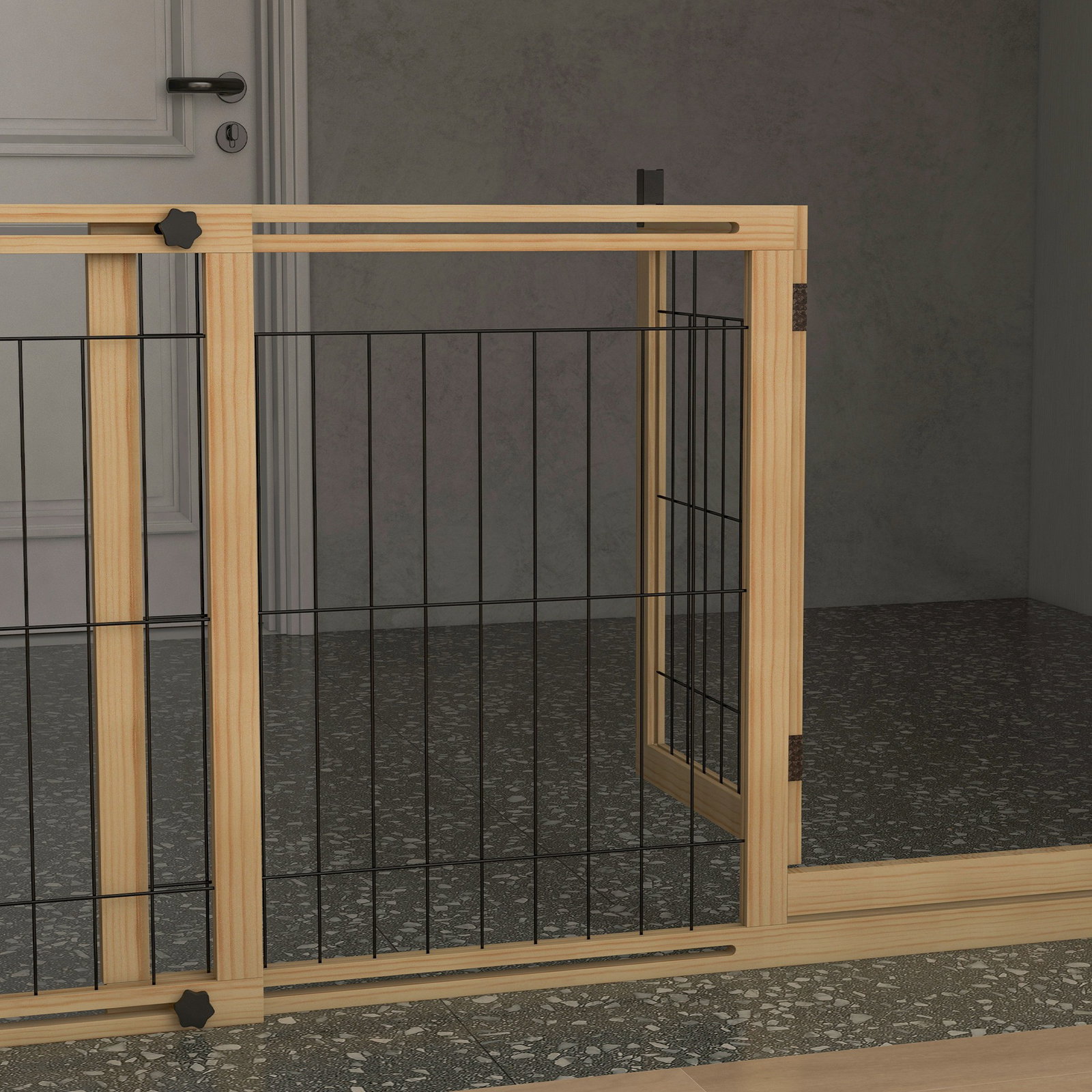 Barreira de segurança para cães extensível de 2 painéis e pés de apoio triangular 112-159x44x70 cm madeira