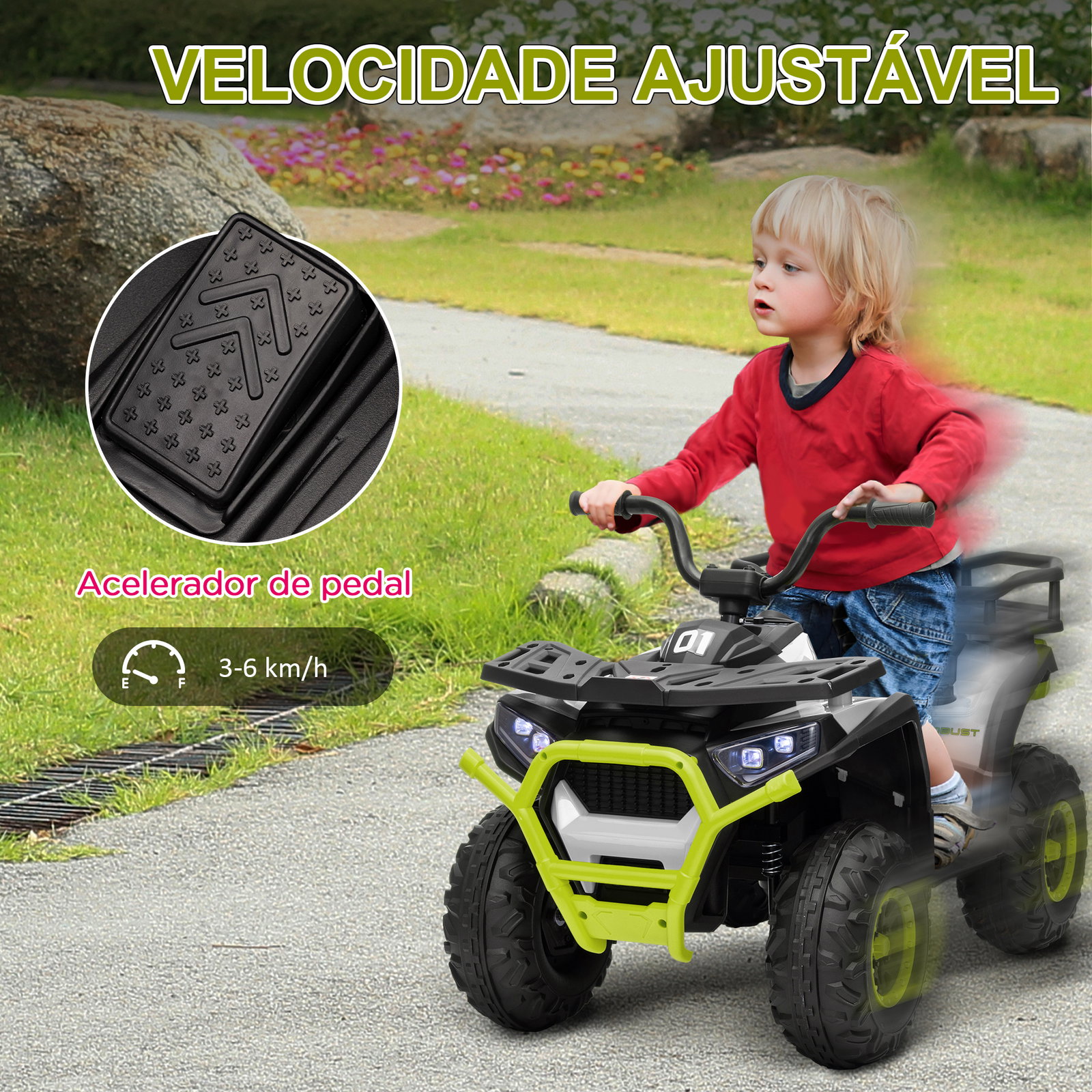 Quadriciclo elétrico para criança 12v faróis música mp3 velocidade ajustável e cesta de arrumação 88x50x57,5 cm verde