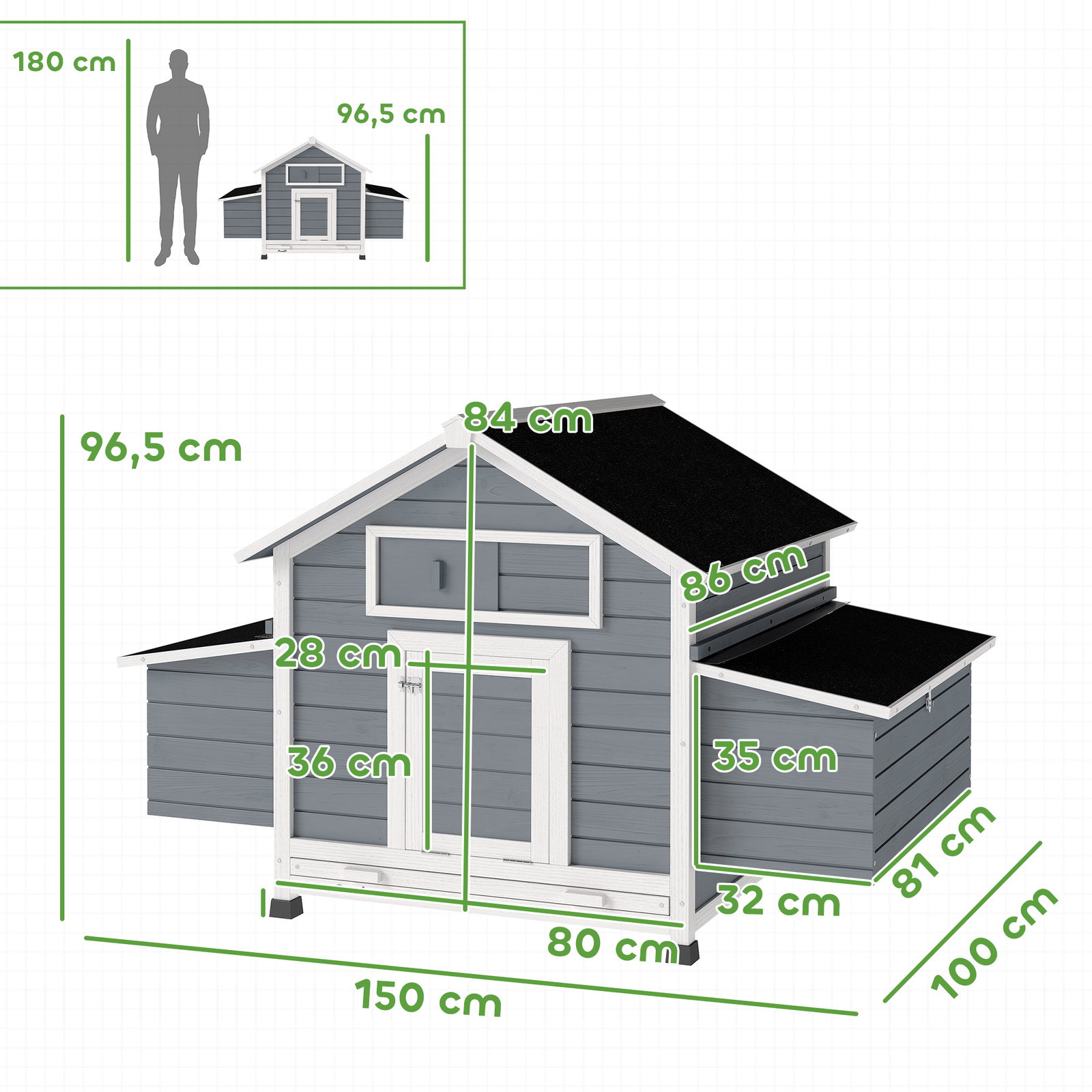 Galinheiro de madeira para exterior com 2 ninhos, bandeja removível poleiros telhado impermeável 150x100x96,5 cm cinzento