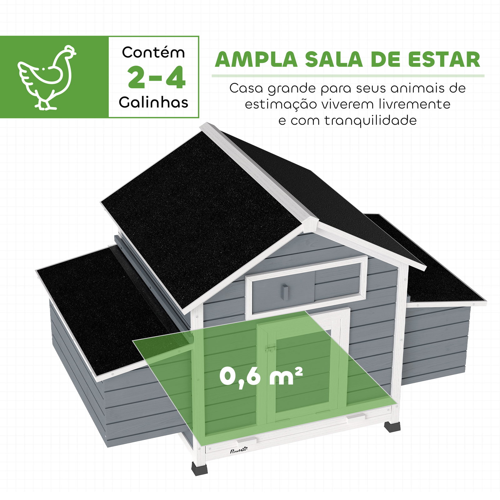 Galinheiro de madeira para exterior com 2 ninhos, bandeja removível poleiros telhado impermeável 150x100x96,5 cm cinzento