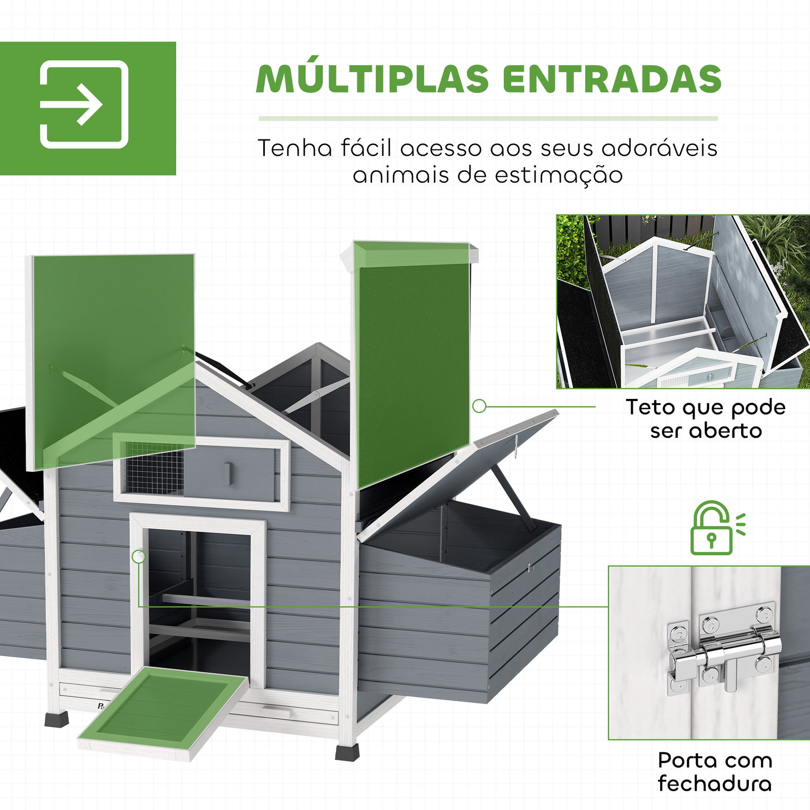 Galinheiro de madeira para exterior com 2 ninhos, bandeja removível poleiros telhado impermeável 150x100x96,5 cm cinzento