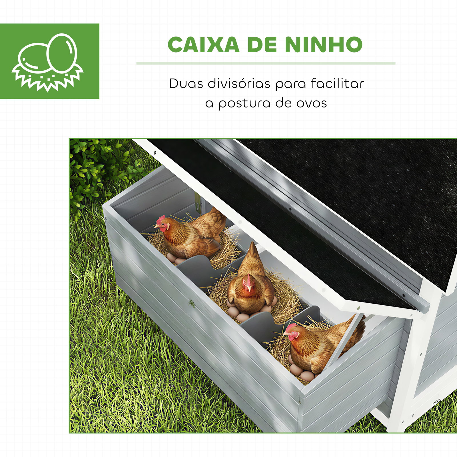 Galinheiro de madeira para exterior com 2 ninhos, bandeja removível poleiros telhado impermeável 150x100x96,5 cm cinzento