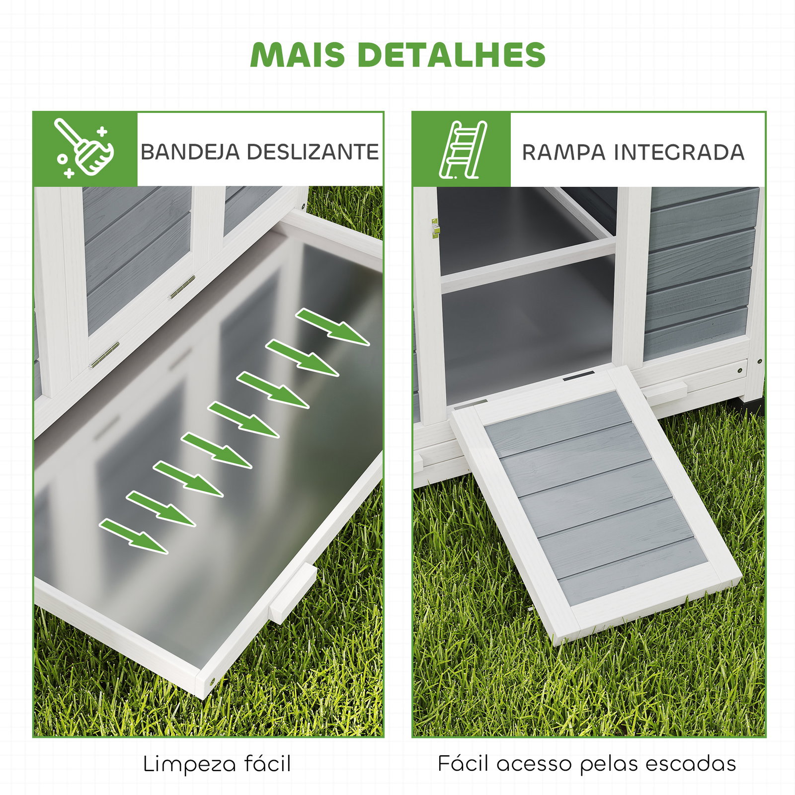 Galinheiro de madeira para exterior com 2 ninhos, bandeja removível poleiros telhado impermeável 150x100x96,5 cm cinzento