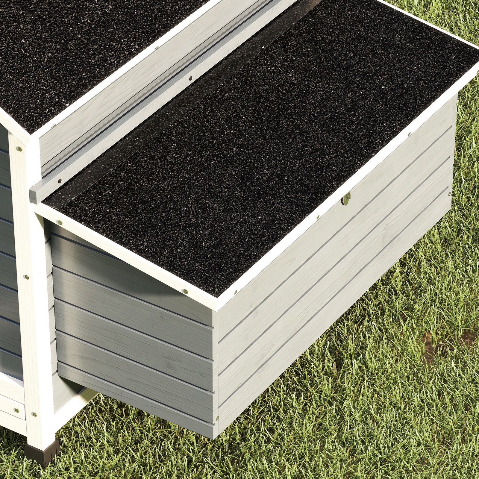 Galinheiro de madeira para exterior com 2 ninhos, bandeja removível poleiros telhado impermeável 150x100x96,5 cm cinzento