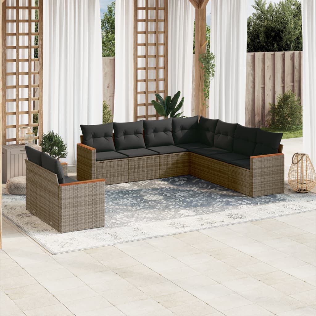9 Pcs conjunto sofás p/ jardim com almofadões vime PE cinzento