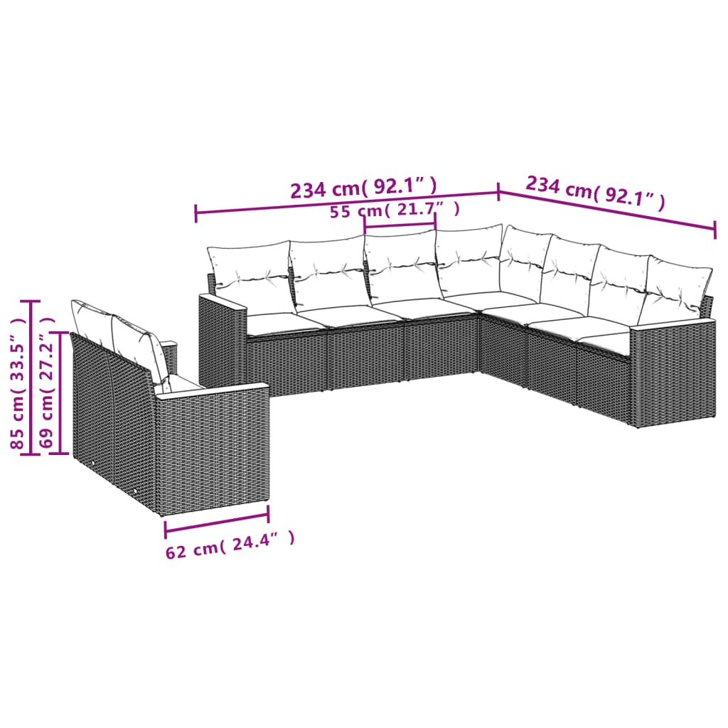 9 Pcs conjunto sofás p/ jardim com almofadões vime PE cinzento