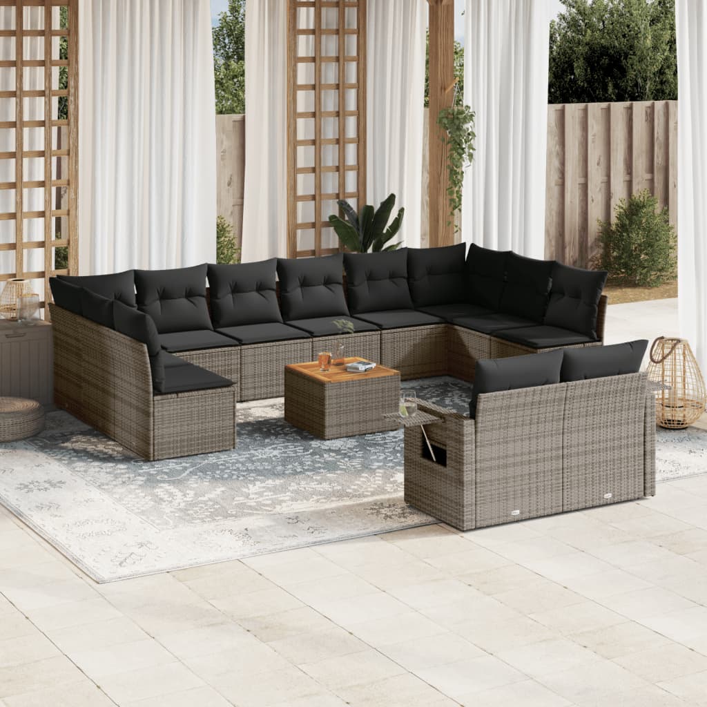 13 Pcs conjunto sofás p/ jardim c/ almofadões vime PE cinzento