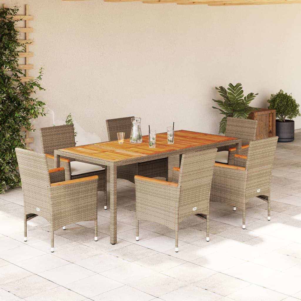 7 Pcs conjunto jantar jardim c/ almofadões vime PE/acácia bege