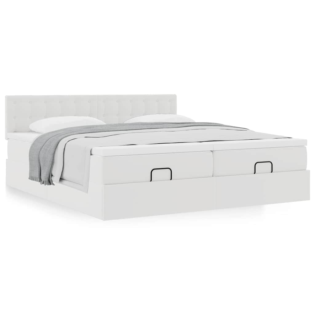 Estrutura de cama otomana com colchão branco couro falso