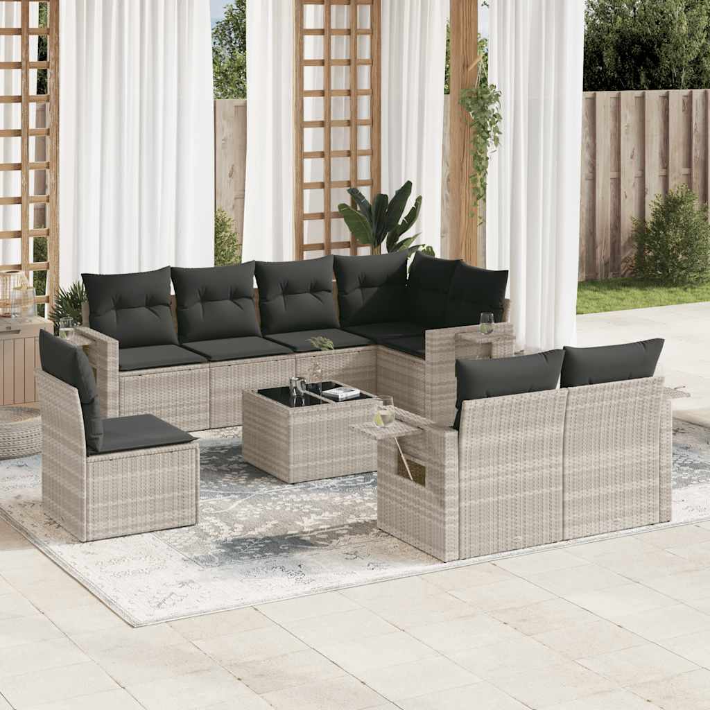 9 Pcs conj. sofás jardim com almofadões vime PE cinzento-claro