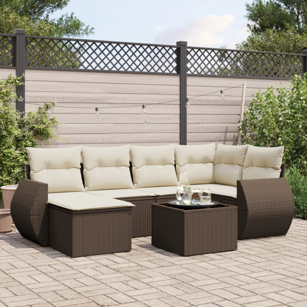7 Pcs conjunto de sofás jardim c/ almofadões vime PE castanho