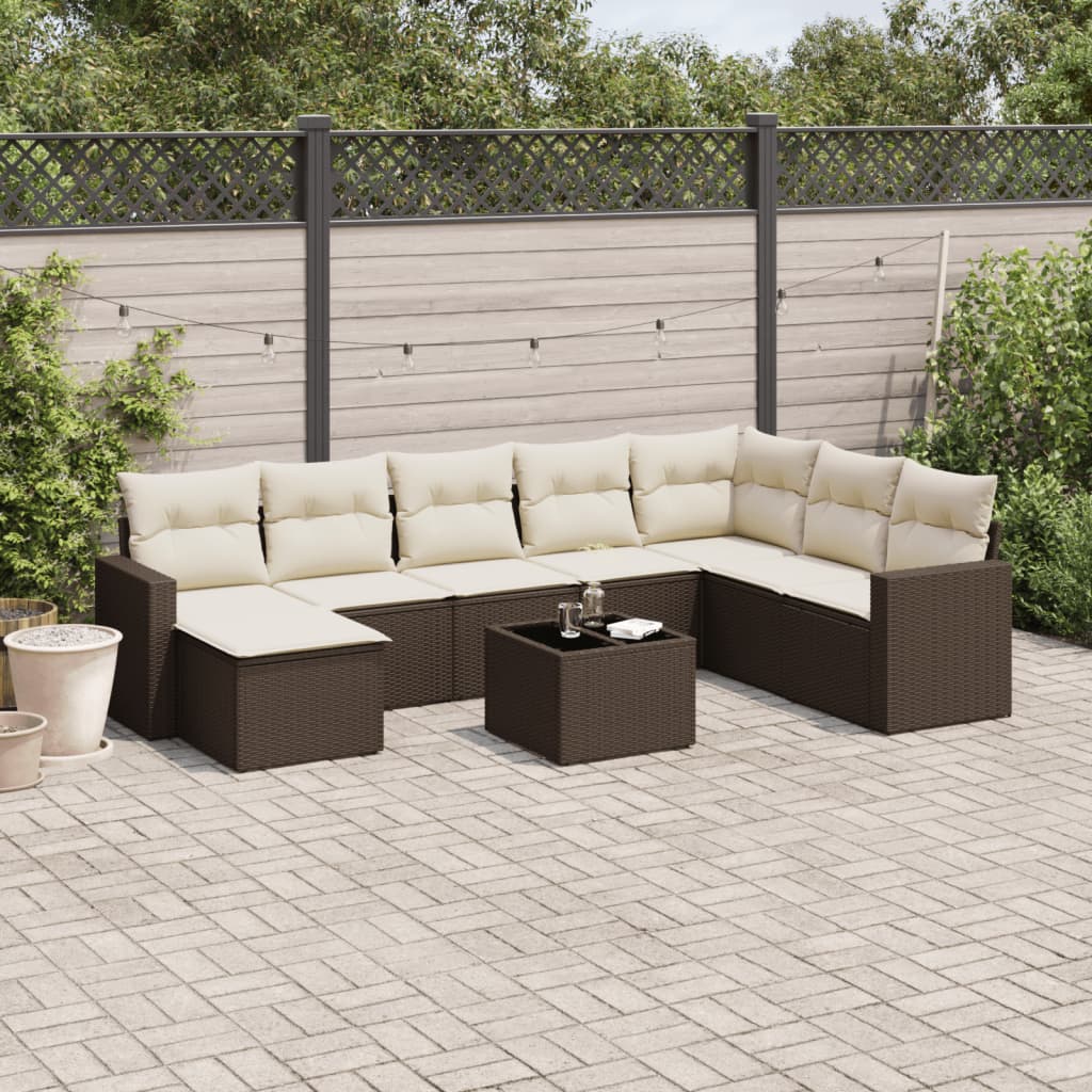 9 Pcs conjunto sofás p/ jardim c/ almofadões vime PE castanho