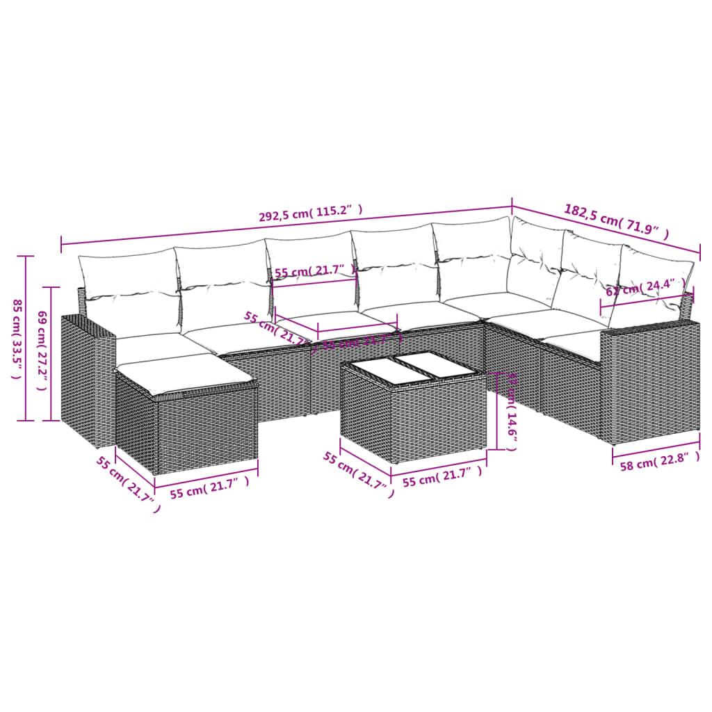 9 Pcs conjunto sofás p/ jardim c/ almofadões vime PE castanho