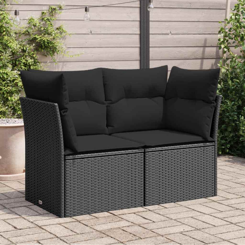 Sofá de jardim com almofadas, 2 lugares, vime sintético preto