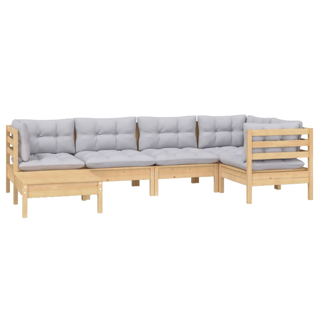 6 Pcs conjunto lounge de jardim + almofadões cinza pinho maciço