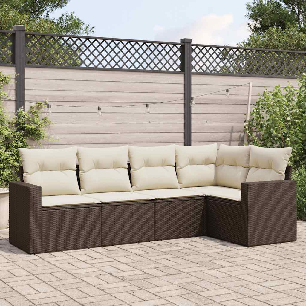 5 Pcs conjunto sofás p/ jardim c/ almofadões vime PE castanho