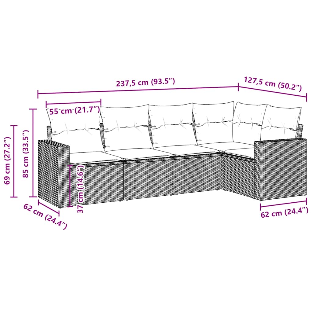 5 Pcs conjunto sofás p/ jardim c/ almofadões vime PE castanho