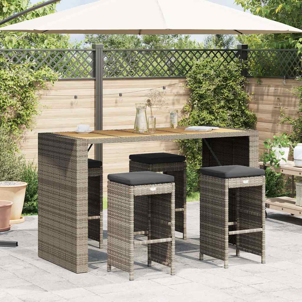 Bancos de bar p/ jardim com almofadões 4 pcs vime PE cinzento