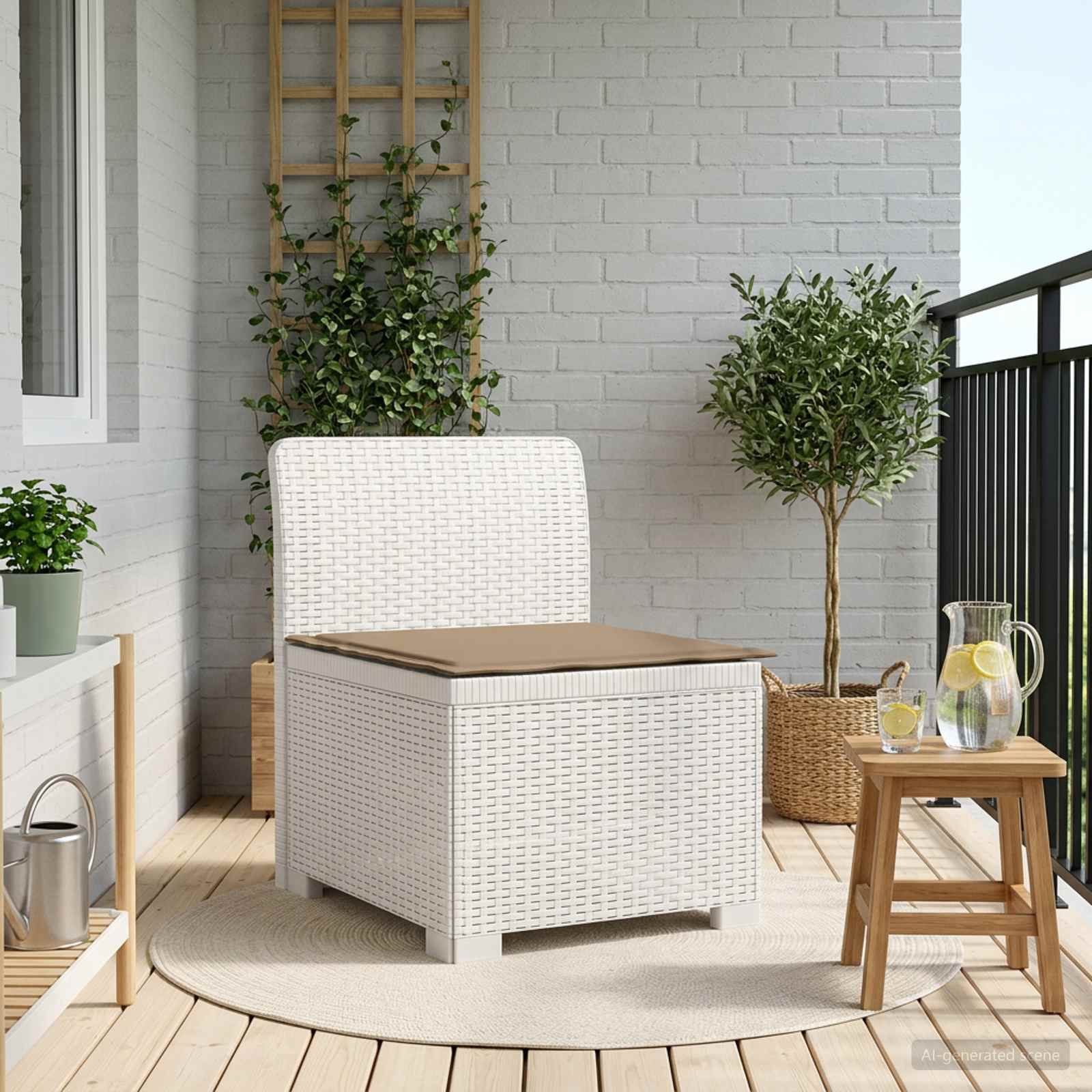 Sofá de jardim 1 lugar com almofada look rattan PP branco