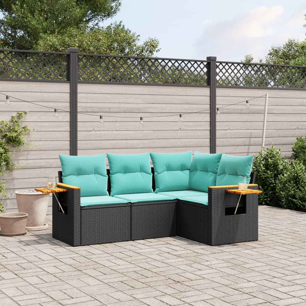4 Pcs conjunto de sofás p/ jardim c/ almofadões vime PE preto