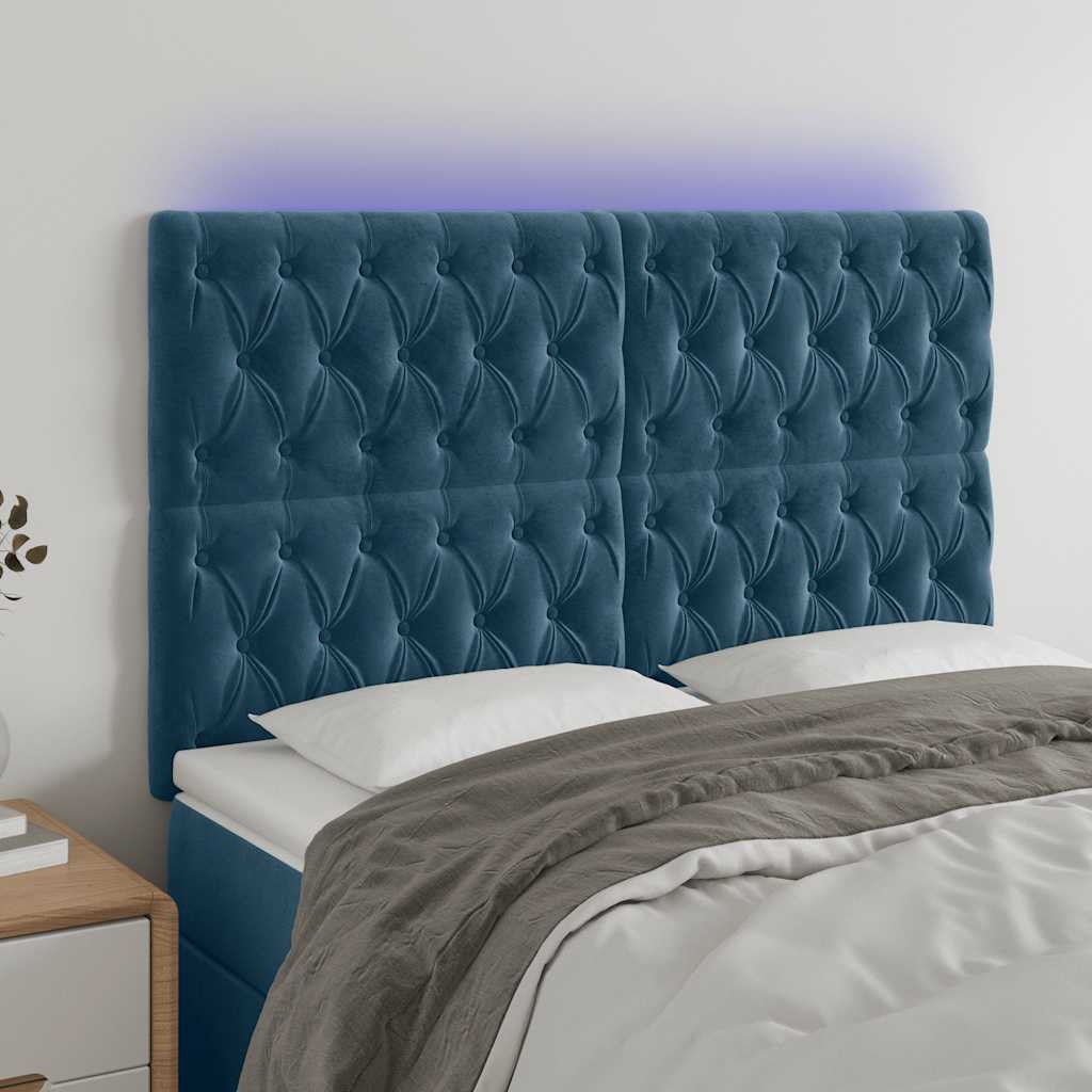 Cabeceira cama c/ luzes LED veludo 144x7x118/128cm azul-escuro