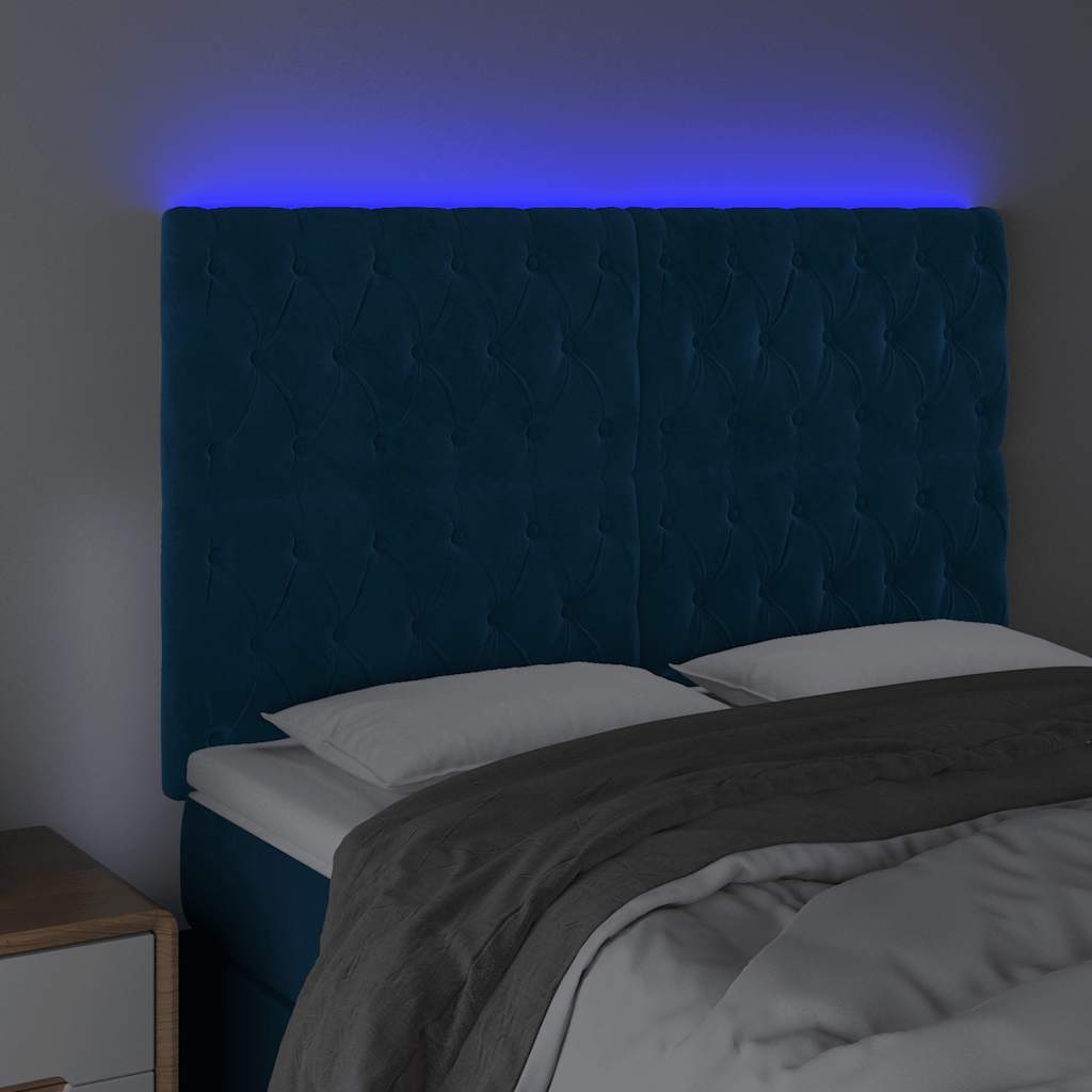 Cabeceira cama c/ luzes LED veludo 144x7x118/128cm azul-escuro