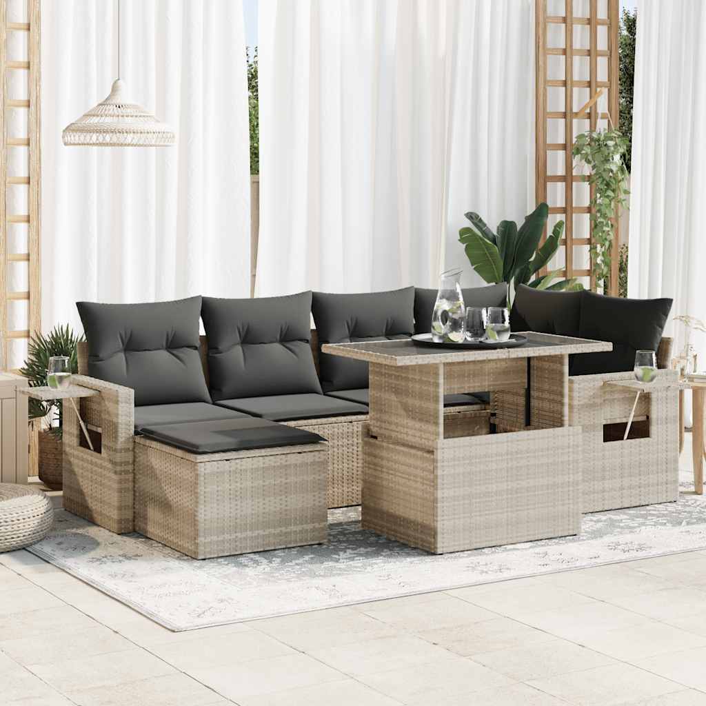 7 Pcs conj. sofás jardim com almofadões vime PE cinzento-claro