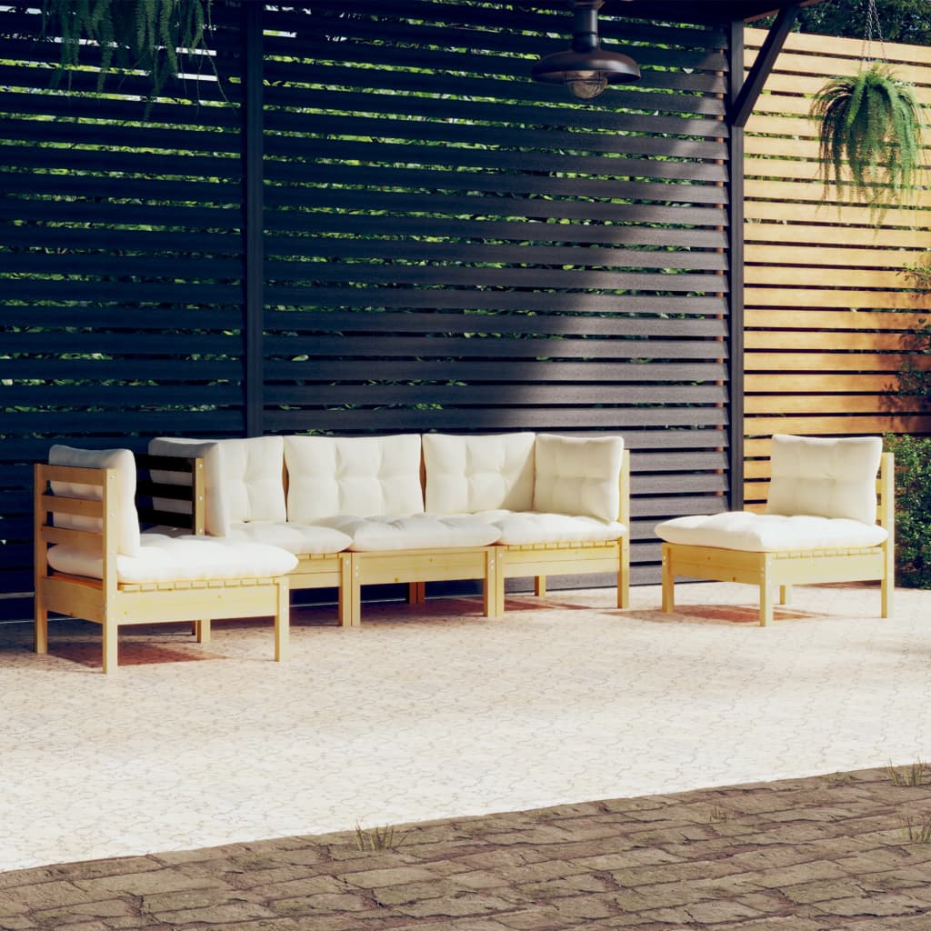 5 Pcs conjunto lounge jardim c/ almofadões creme pinho maciço